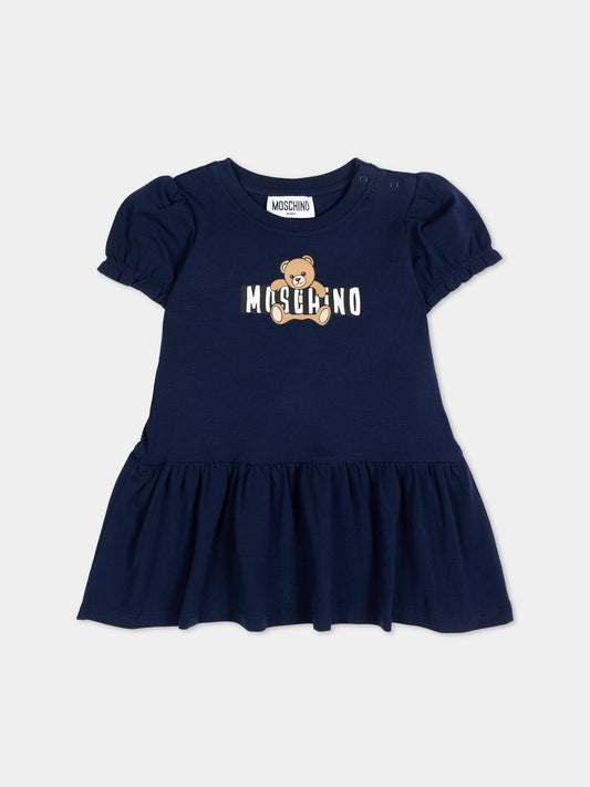 Vestito blu per neonata con Teddy Bear,Moschino Kids,MAV0C7 LBA00 40016