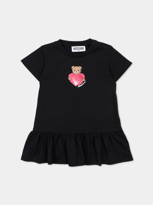Vestito nero per neonata con Teddy Bear e cuore,Moschino Kids,MDV0DJ LAA02 60100
