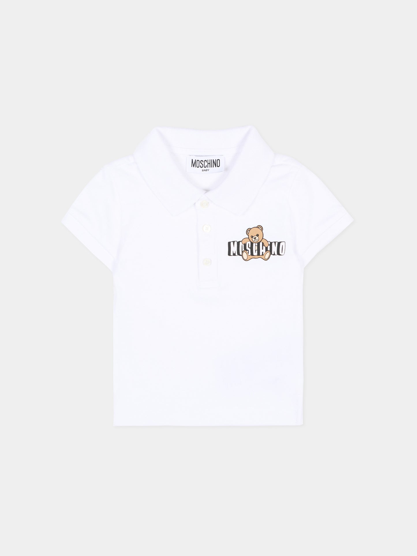 Polo bianca per neonato con logo e Teddy Bear,Moschino Kids,MUM04J LFA09 10101