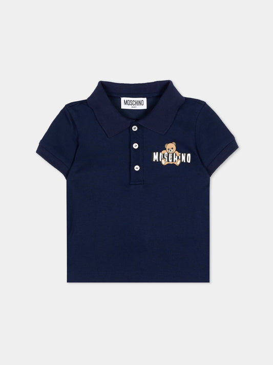 Polo blu per neonato con logo e Teddy Bear,Moschino Kids,MUM04J LFA09 40016