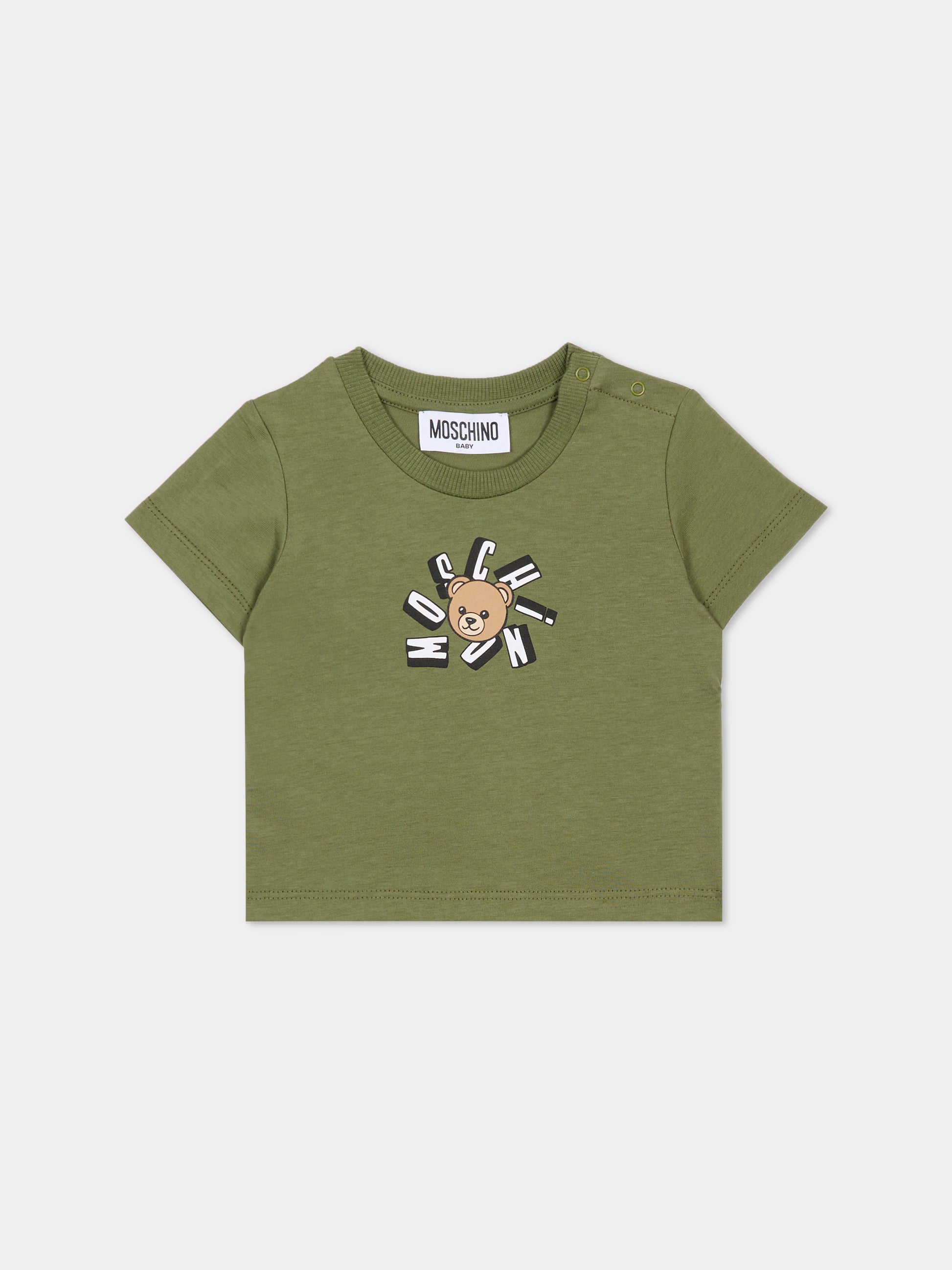 T-shirt verde per neonato con Teddy Bear,Moschino Kids,MXM047 LAA02 30037