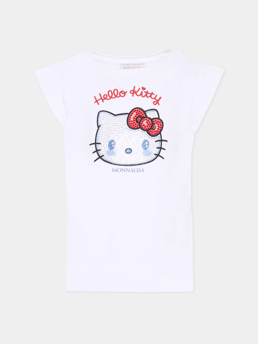 T-shirt bianca per bambina con Hello Kitty di strass,Monnalisa,19G617 - 7005 - 0099