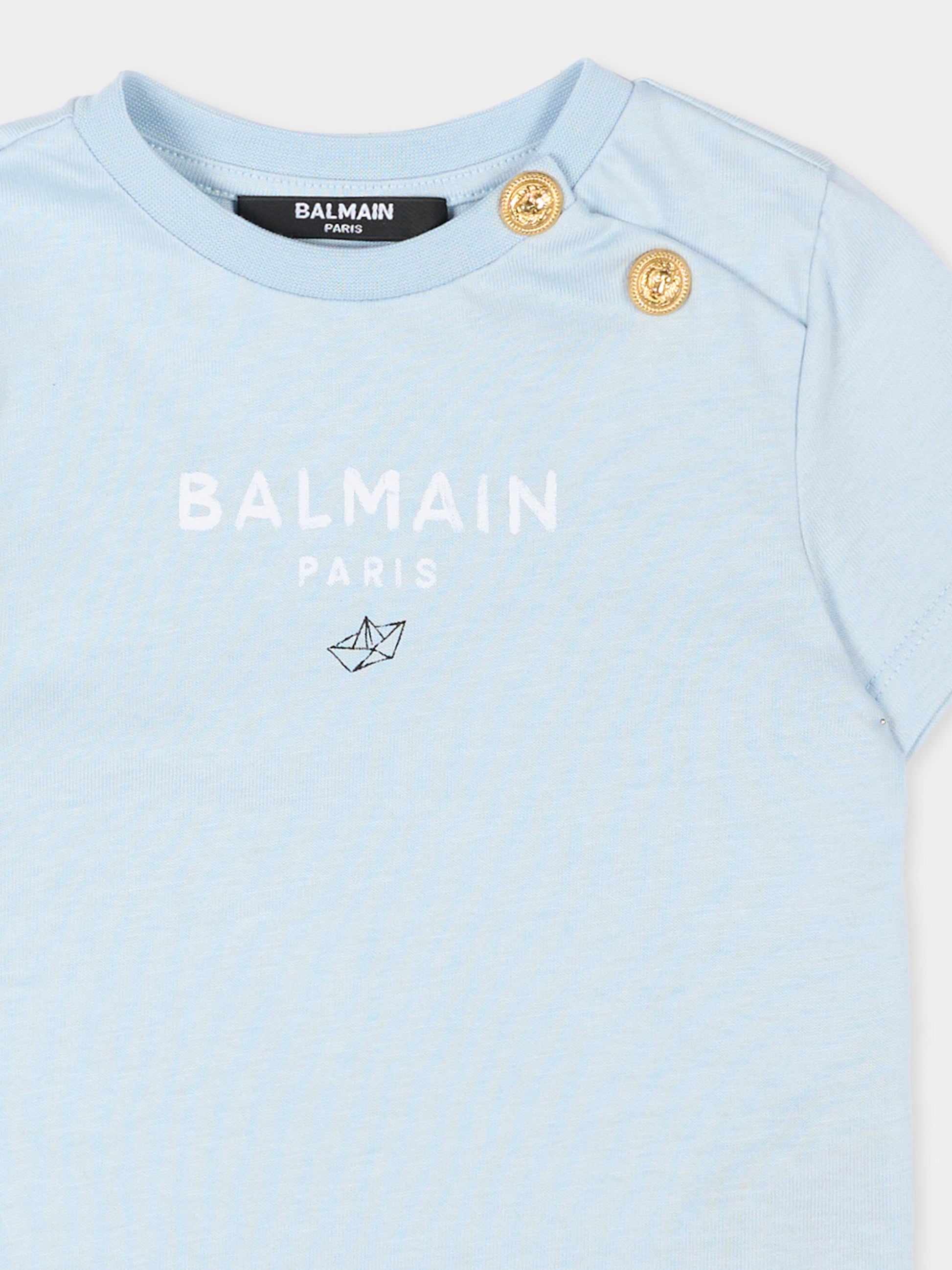 T-Shirt celeste per neonato con logo,Balmain Kids,BY8551-Z3672 685BC