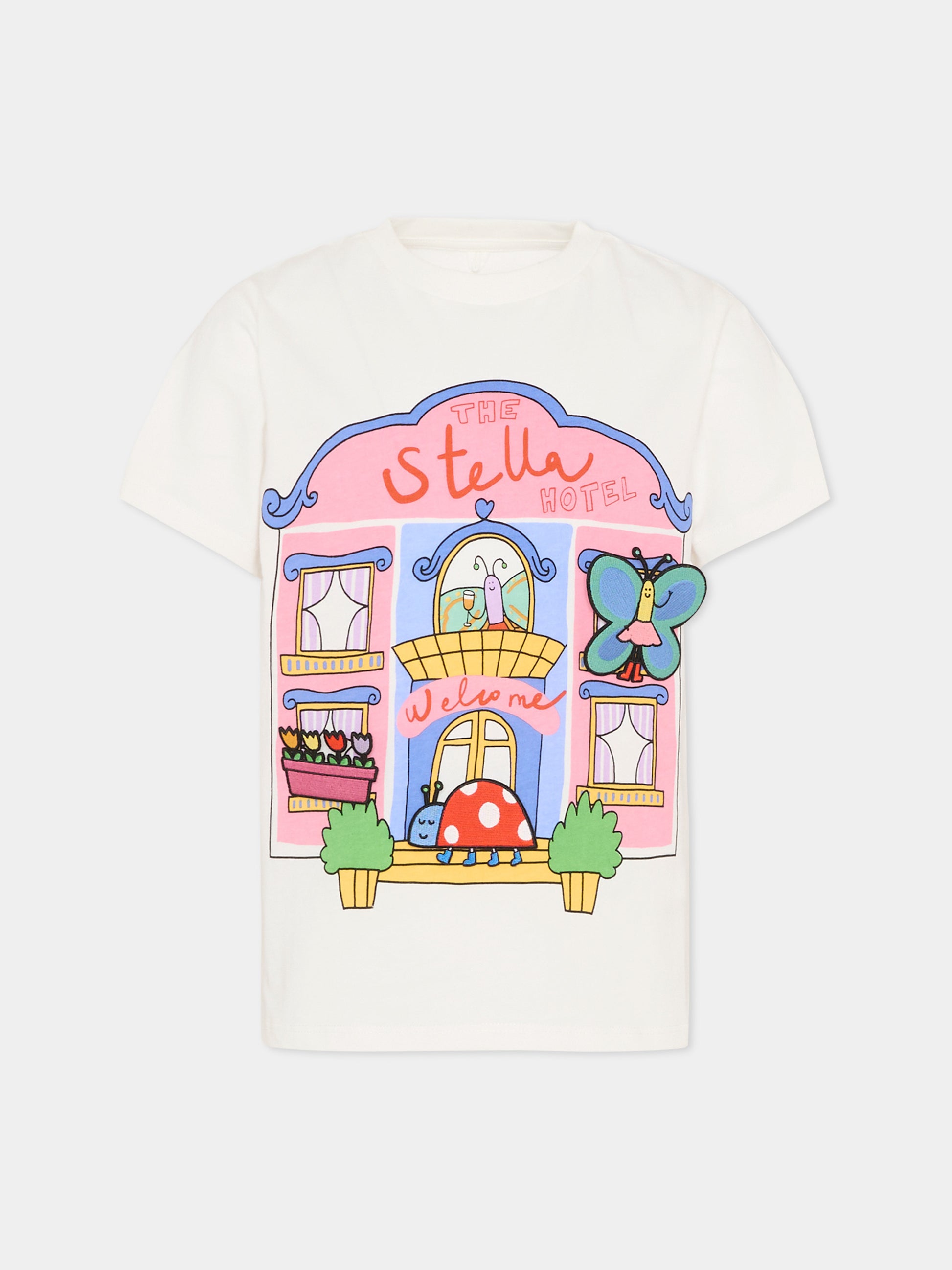 T-shirt avorio per bambina con stampa Stella hotel,Stella Mccartney Kids,TY8A11-Z0434 101