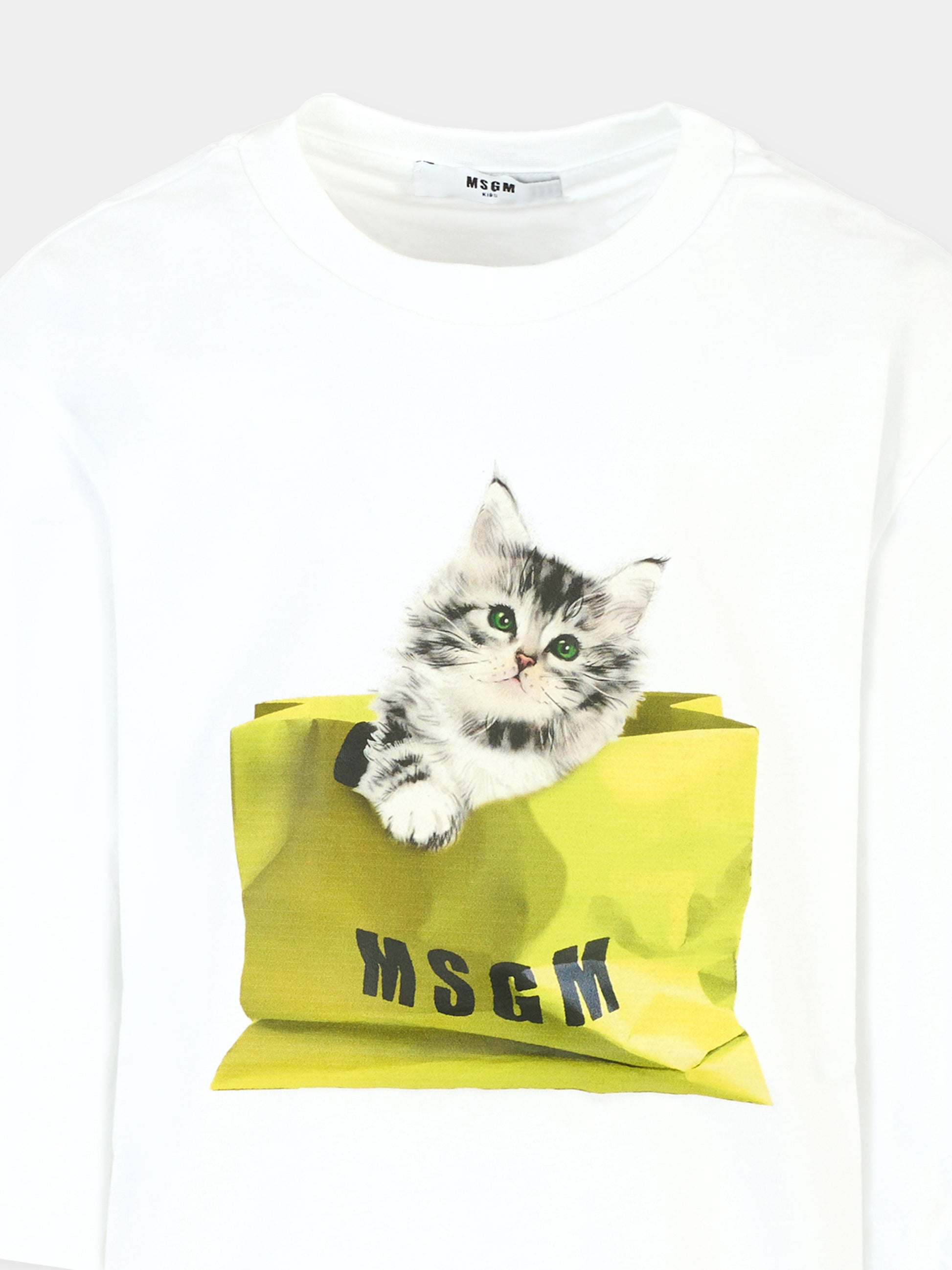 T-shirt crop bianca per bambina con gatto,Msgm Kids,MS029453 001