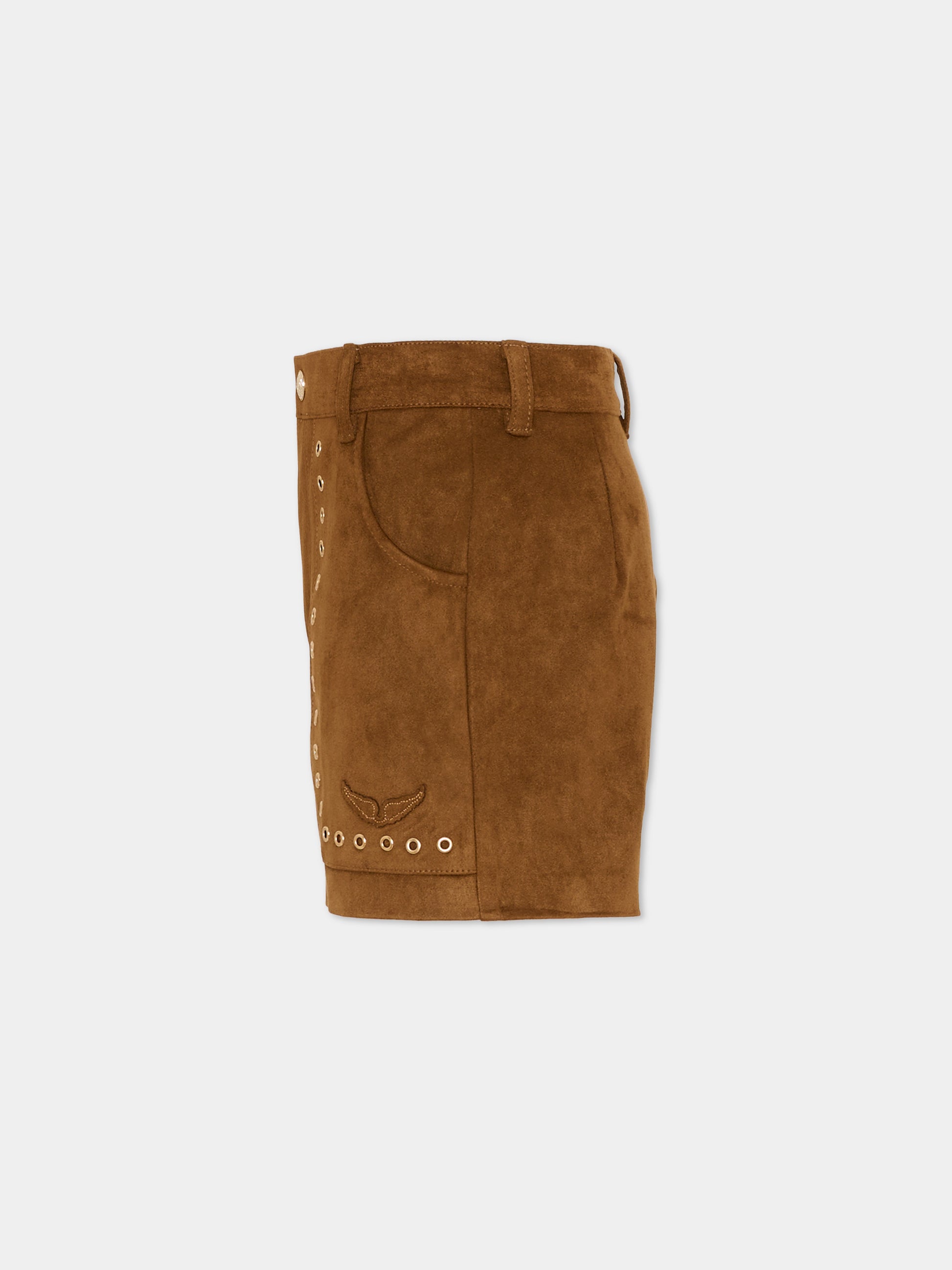 Shorts marroni per bambina in suede,Zadig & Voltaire Kids,X60562 367