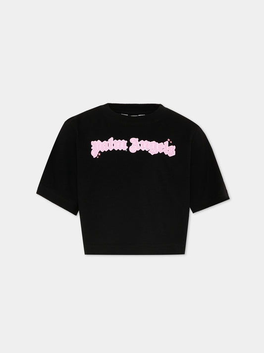 T-Shirt nera per bambina con logo strass,Palm Angels,PGAA004S26JER001 110