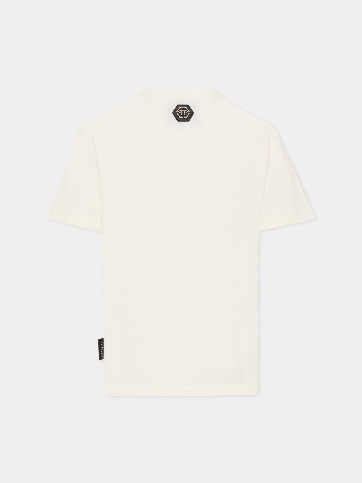 T-shirt avorio per bambina con orsetto e logo di strass,Philipp Plein Junior,S6PHJGTH202 002