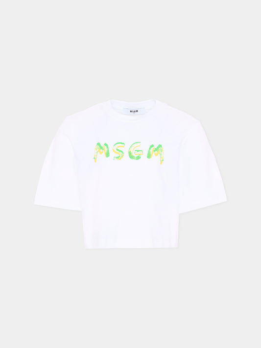 T-Shirt bianca per bambina con logo,Msgm Kids,S6MSJGTH002 001