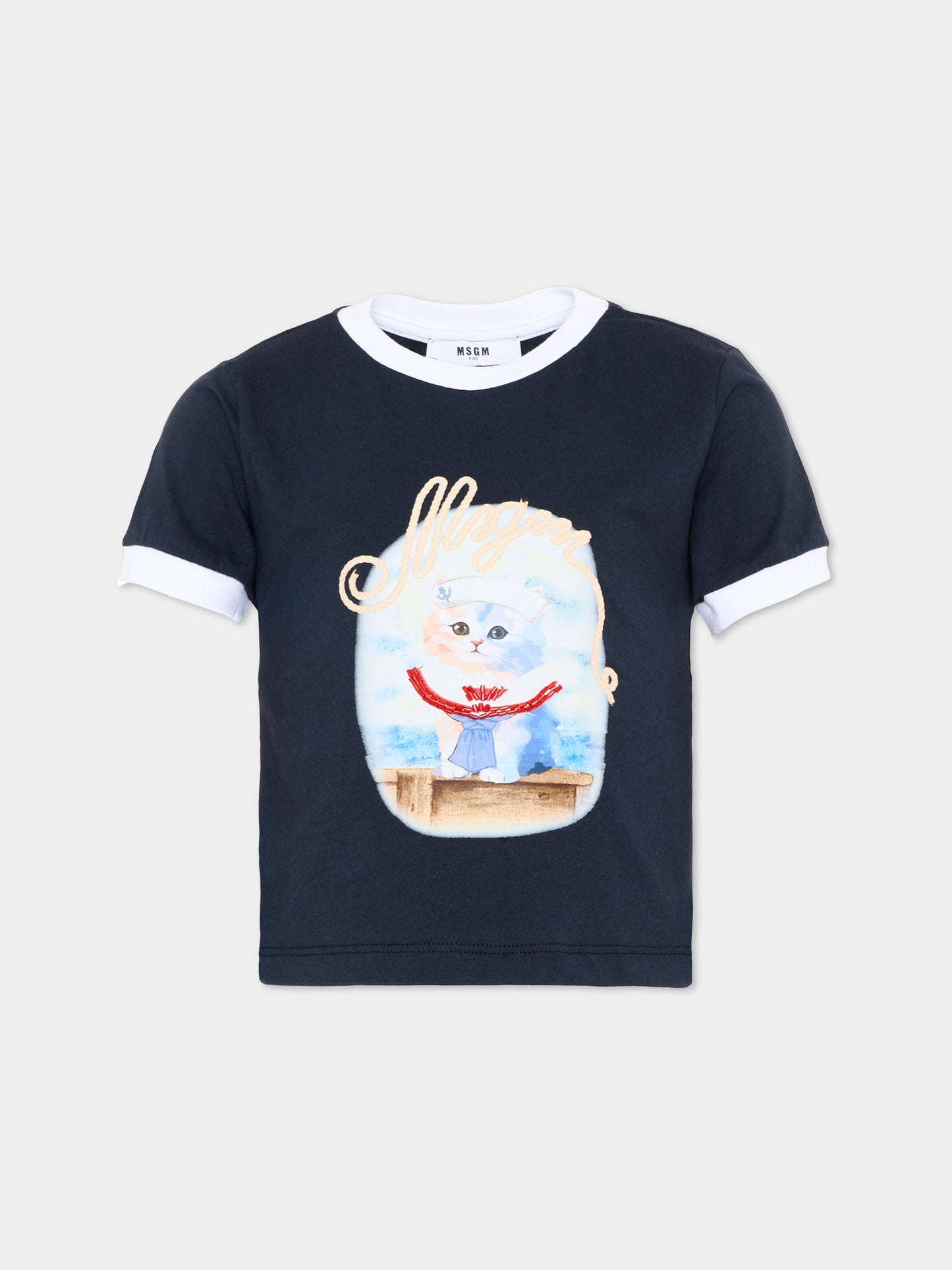 T-Shirt blu per bambina con stampa gatto,Msgm Kids,S6MSJGTH016 MS072