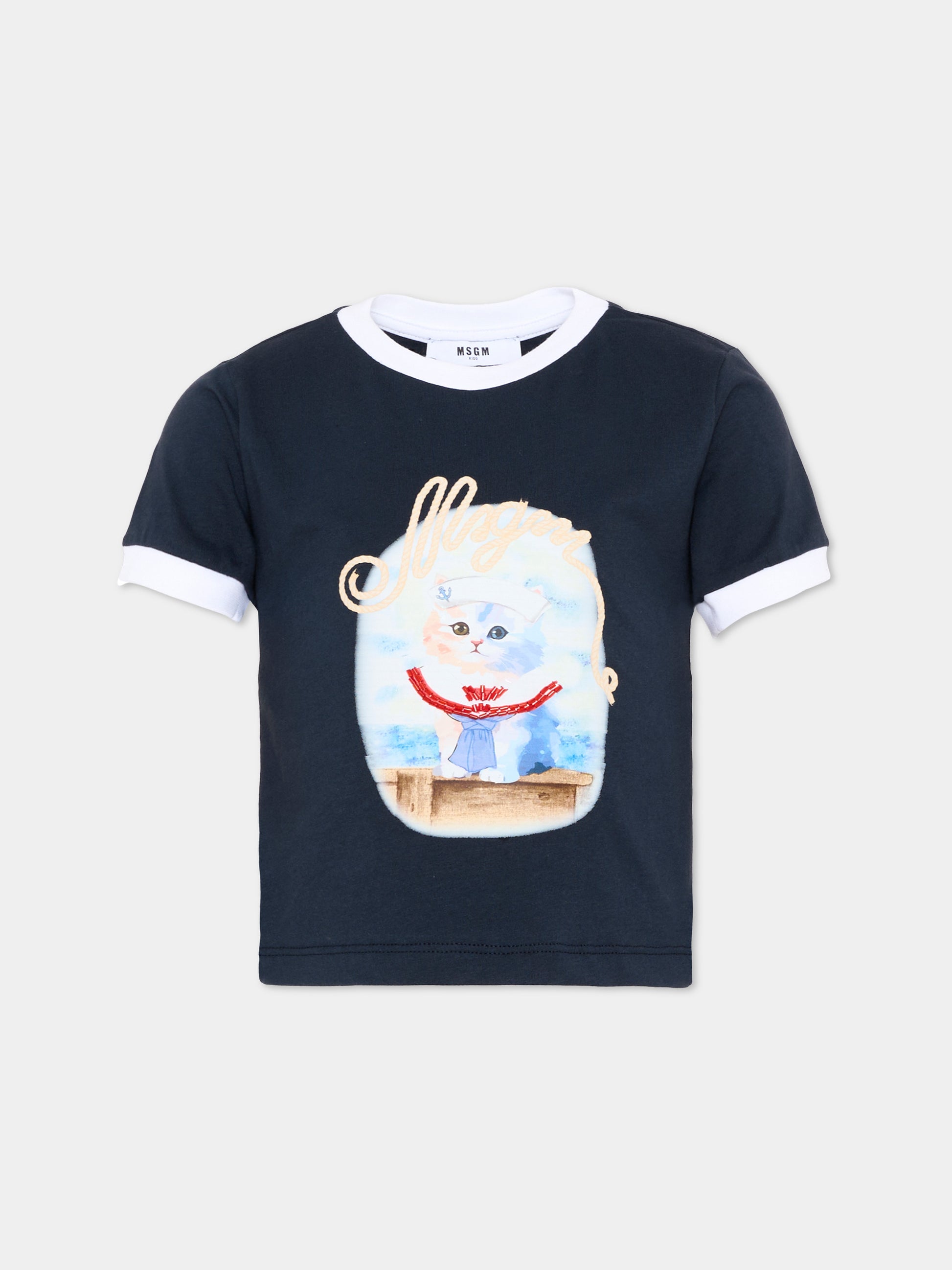 T-Shirt blu per bambina con stampa gatto,Msgm Kids,S6MSJGTH016 MS072