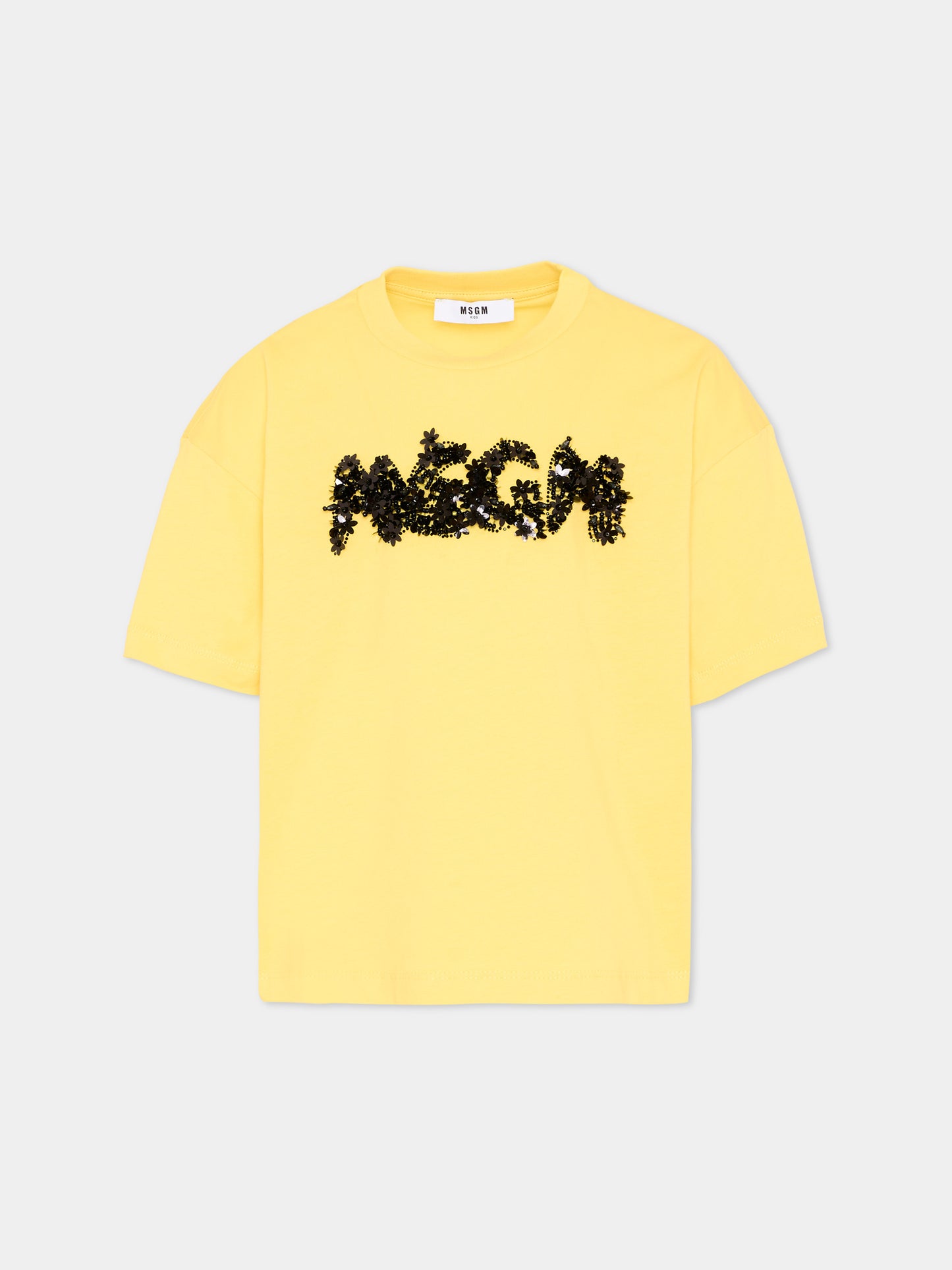 T-shirt gialla per bambina con logo paillettes,Msgm Kids,S6MSJGTH087 MS009