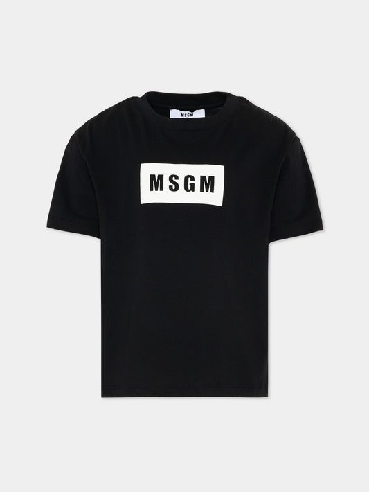 T-Shirt nera per bambini con logo box,Msgm Kids,S6MSJUTH005 110