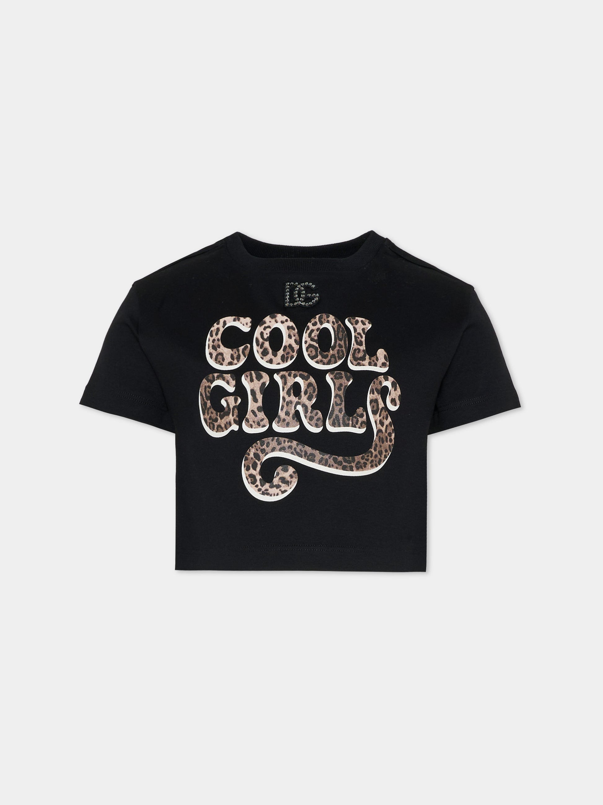 T-shirt crop nera per bambina con logo e scritta,Dolce & Gabbana Kids,L5JTQH G7PXF N0000