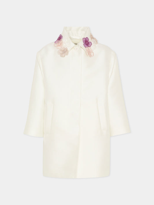 Ivory coat for girl with embroidery