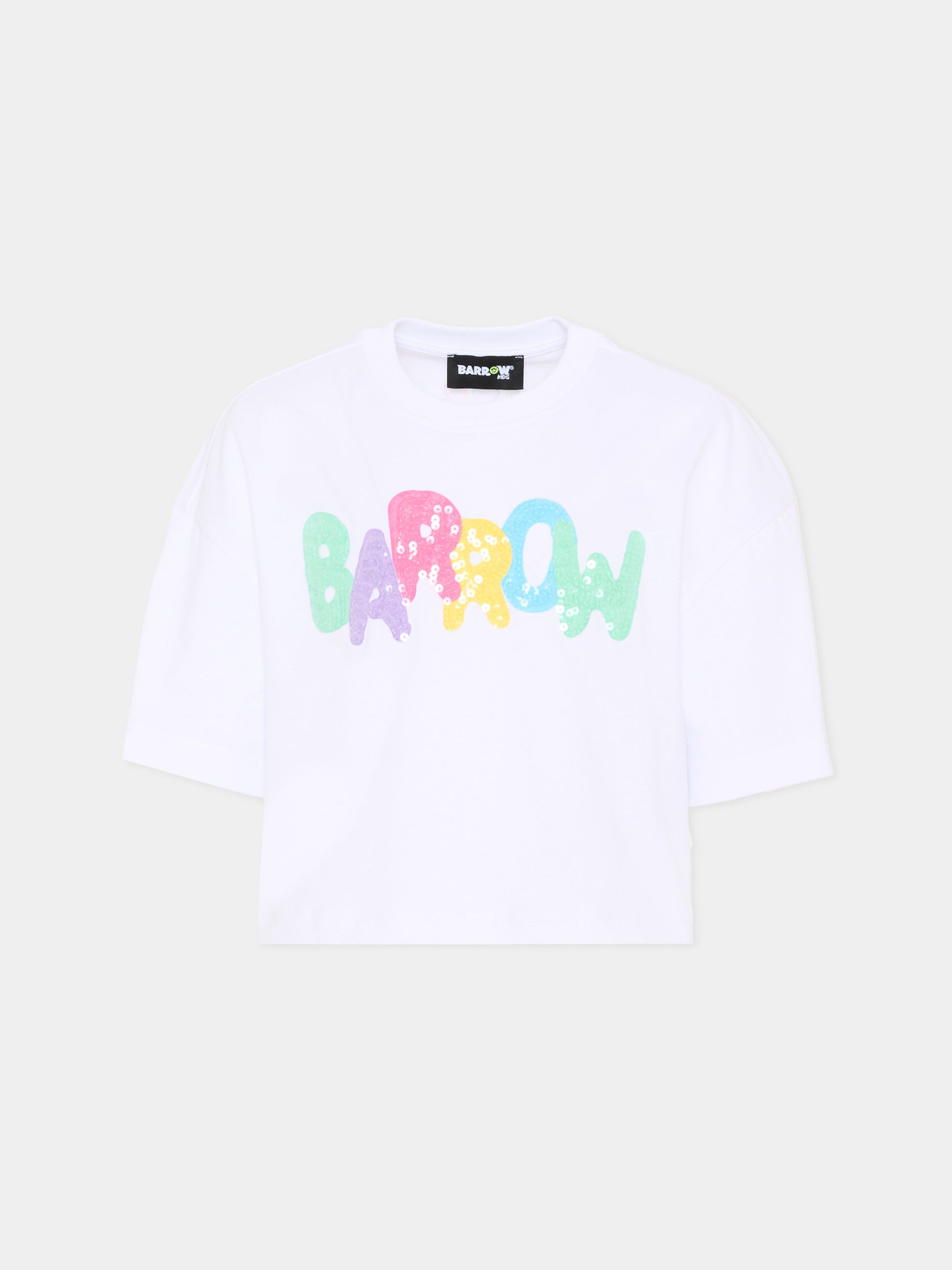 T-Shirt bianca per bambina con logo paillettes,Barrow,S6BKJGTH132 002