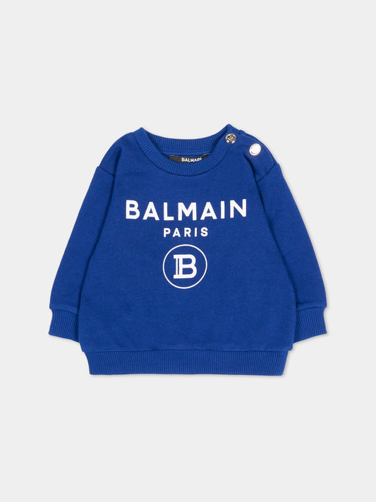 Felpa blu per neonato con loghi bianchi,Balmain Kids,6R4520 Z0001 624BC