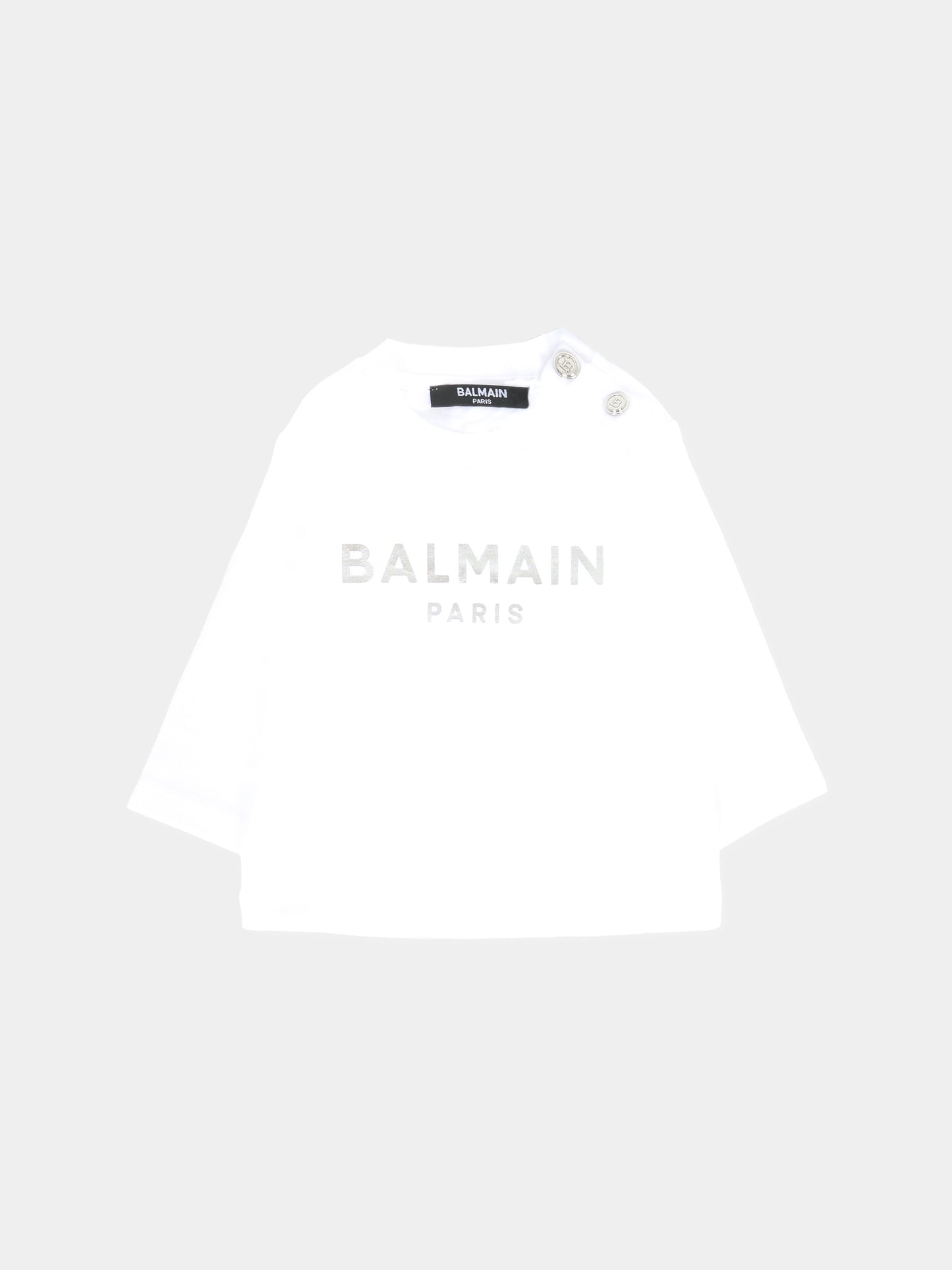 T-shirt bianca per neonati con logo argentato,Balmain Kids,6R8520 Z0738 100AG