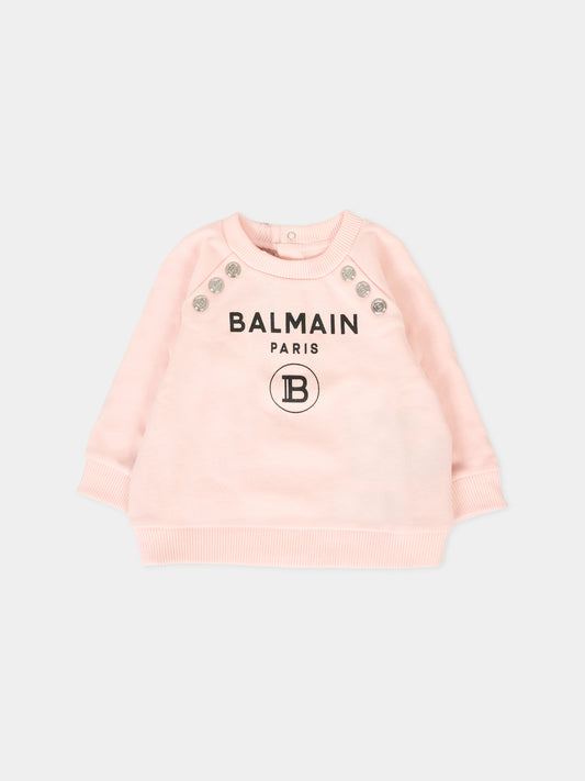 Felpa rosa per neonata con logo nero,Balmain Kids,6R4020 Z0001 539NE