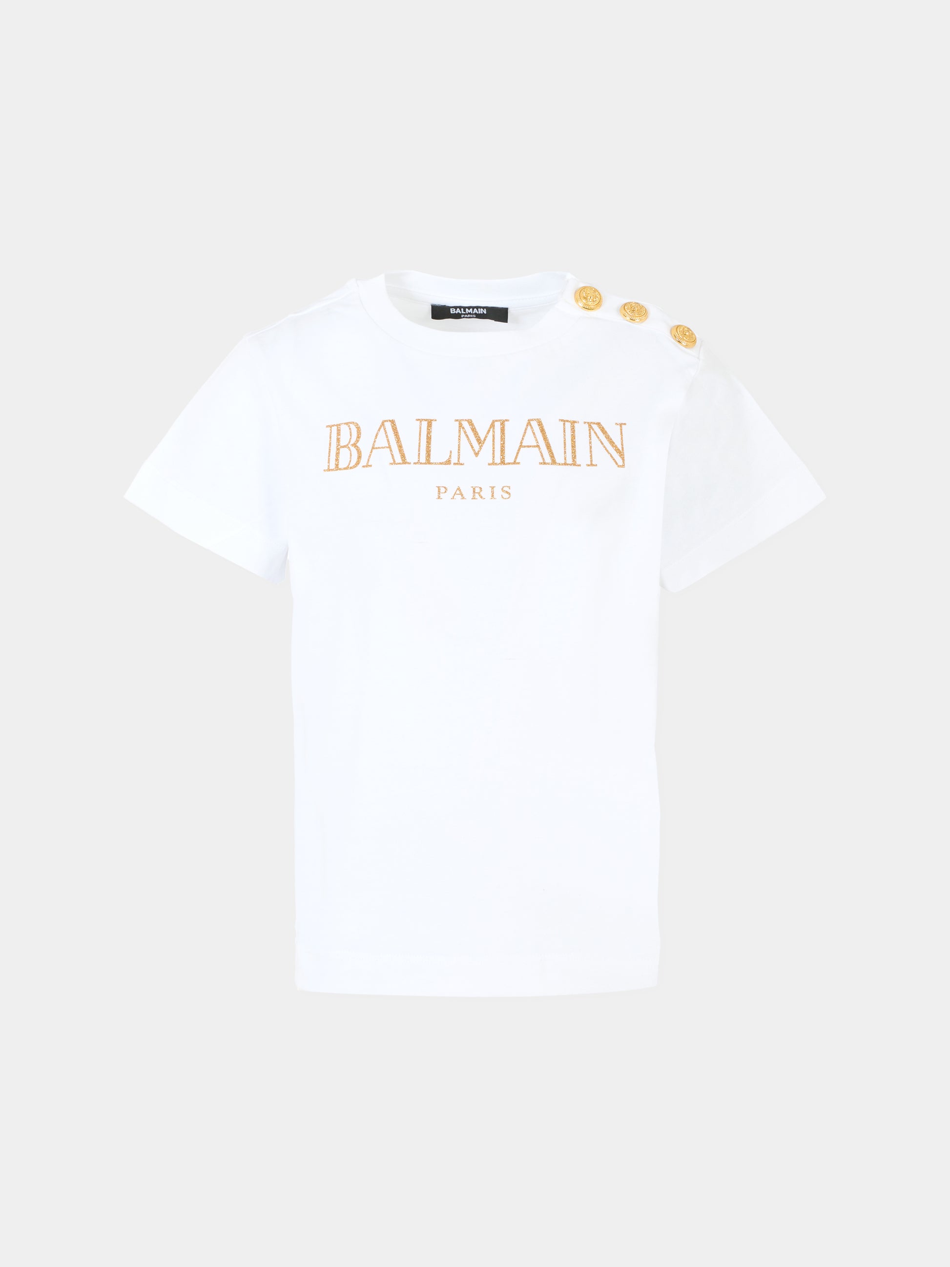 T-shirt bianca per bambina con logo dorato,Balmain Kids,BV8B71 Z0082 100OR