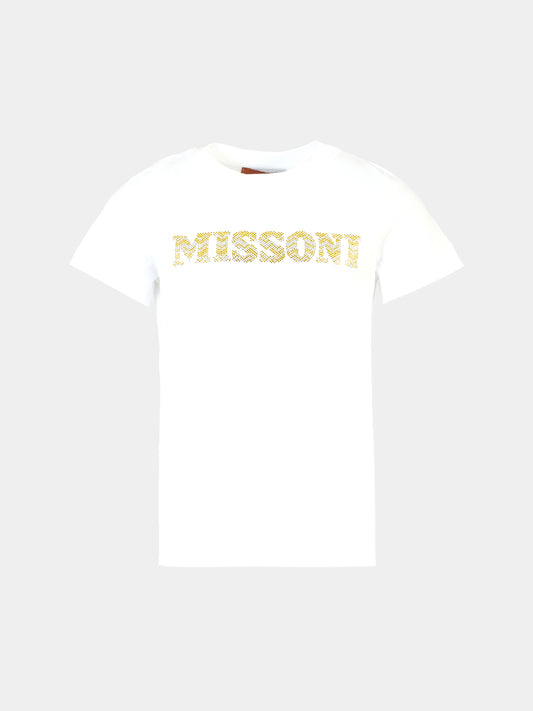T-shirt bianca per bambina con logo giallo,Missoni,MT8A91 J0177 100GL