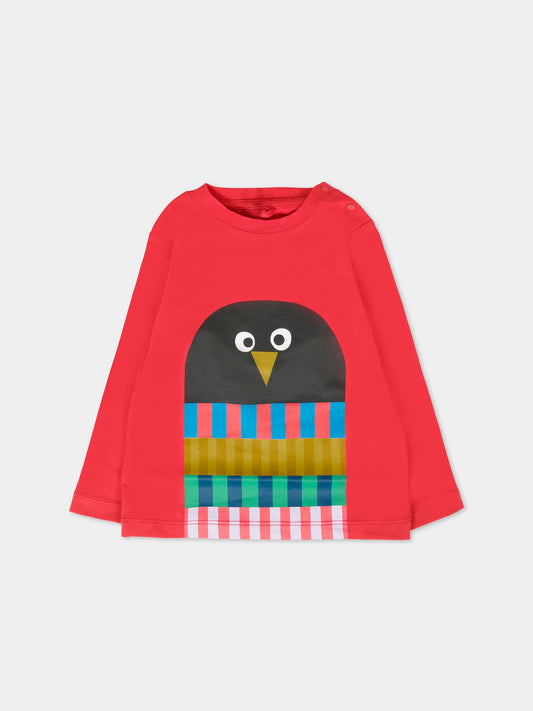 T-shirt rossa per neonato con pinguino,Stella Mccartney Kids,TT8670 Z0434 412
