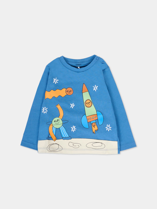 T-shirt blu per neonato con stampa spazio,Stella Mccartney Kids,TV8500 Z0434 999
