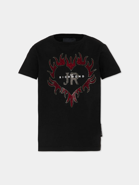 T-Shirt nera per bambini con cuore strass,Richmond,RGP26206TS BLACK