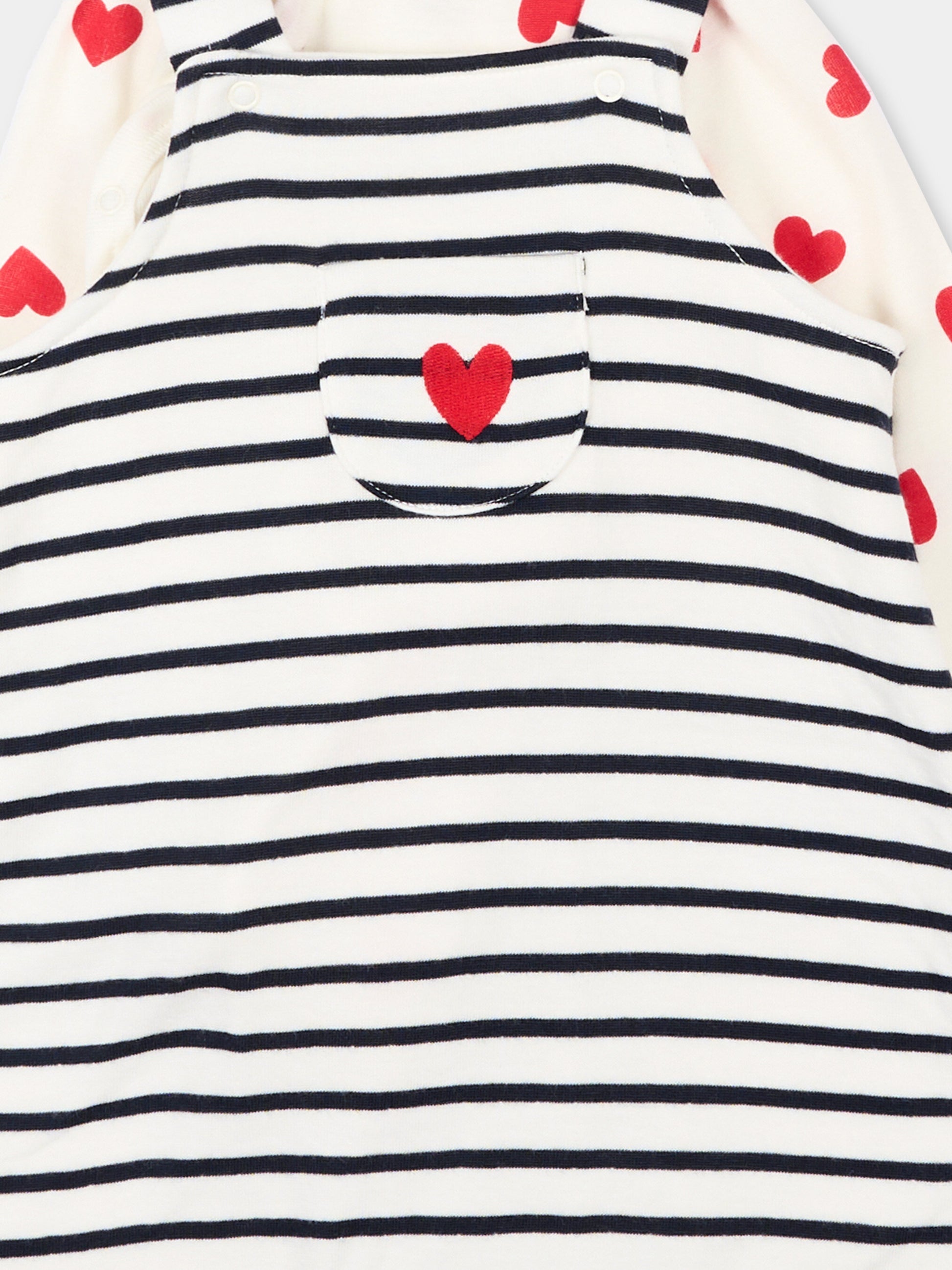 Salopette multicolor per neonata a righe e cuori,Petit Bateau,A0FMH MARSHMALLOW/SMOKING 01