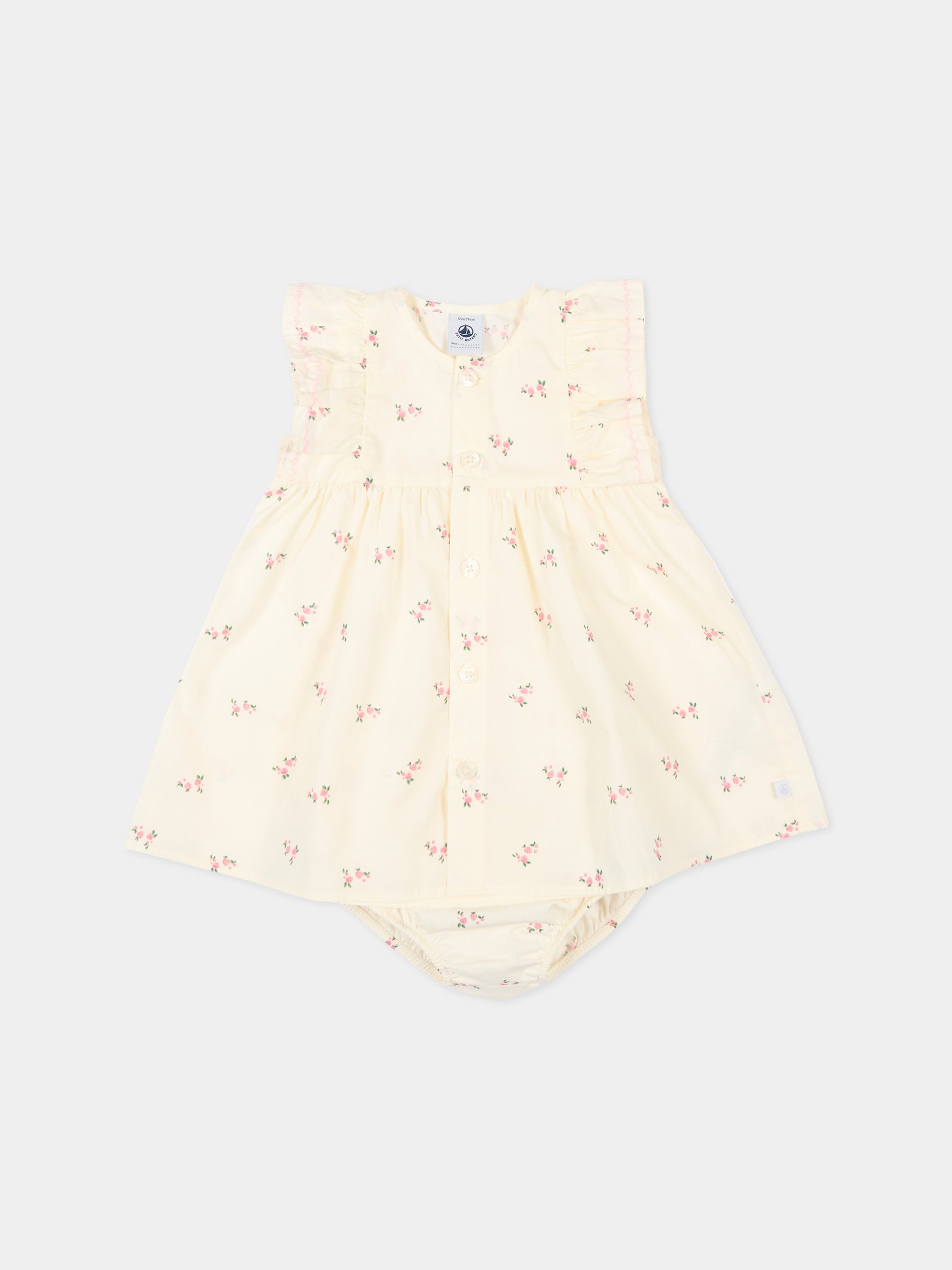 Vestito avorio per neonata con fiori,Petit Bateau,A0F3R MILK/MULTICO 01