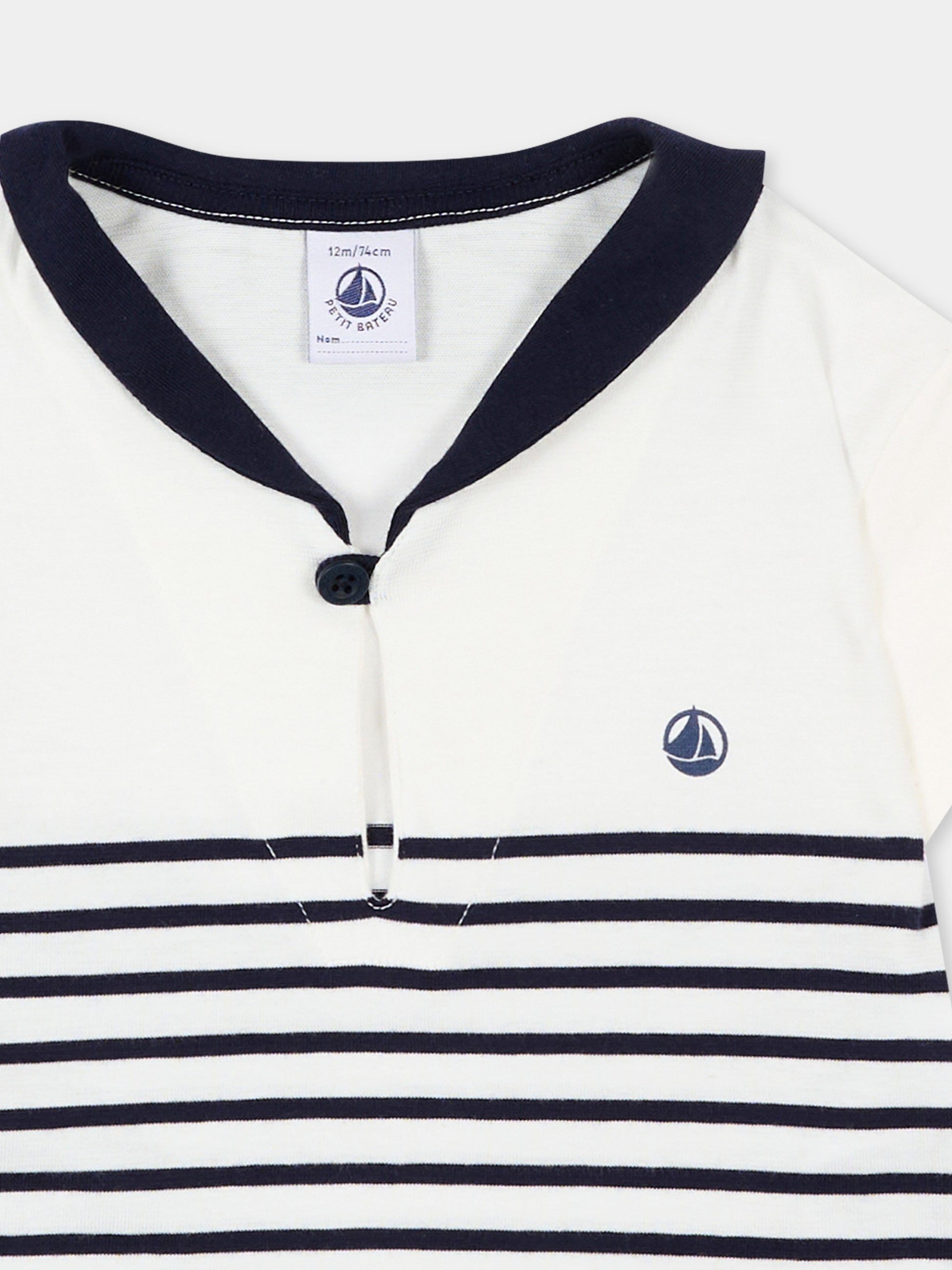 Polo bianca per neonato righe marinare,Petit Bateau,A0F5E MARSHMALLOW/SOIR 01
