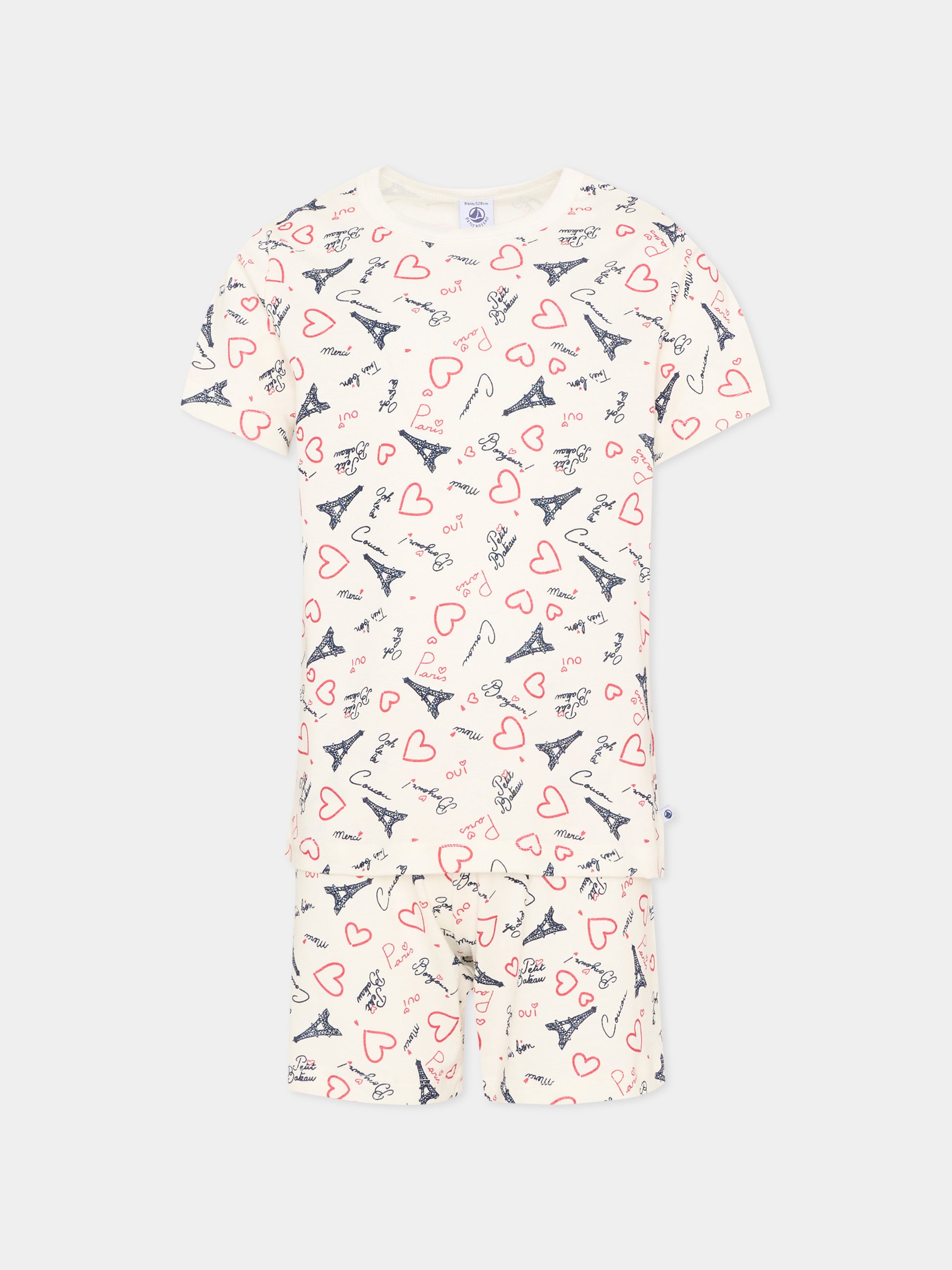 Pigiama bianco per bambina con cuori,Petit Bateau,A0FV8 MARSHMALLOW/MULTICO 01