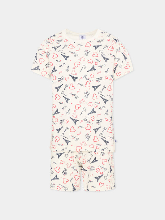 Pigiama bianco per bambina con cuori,Petit Bateau,A0FV8 MARSHMALLOW/MULTICO 01