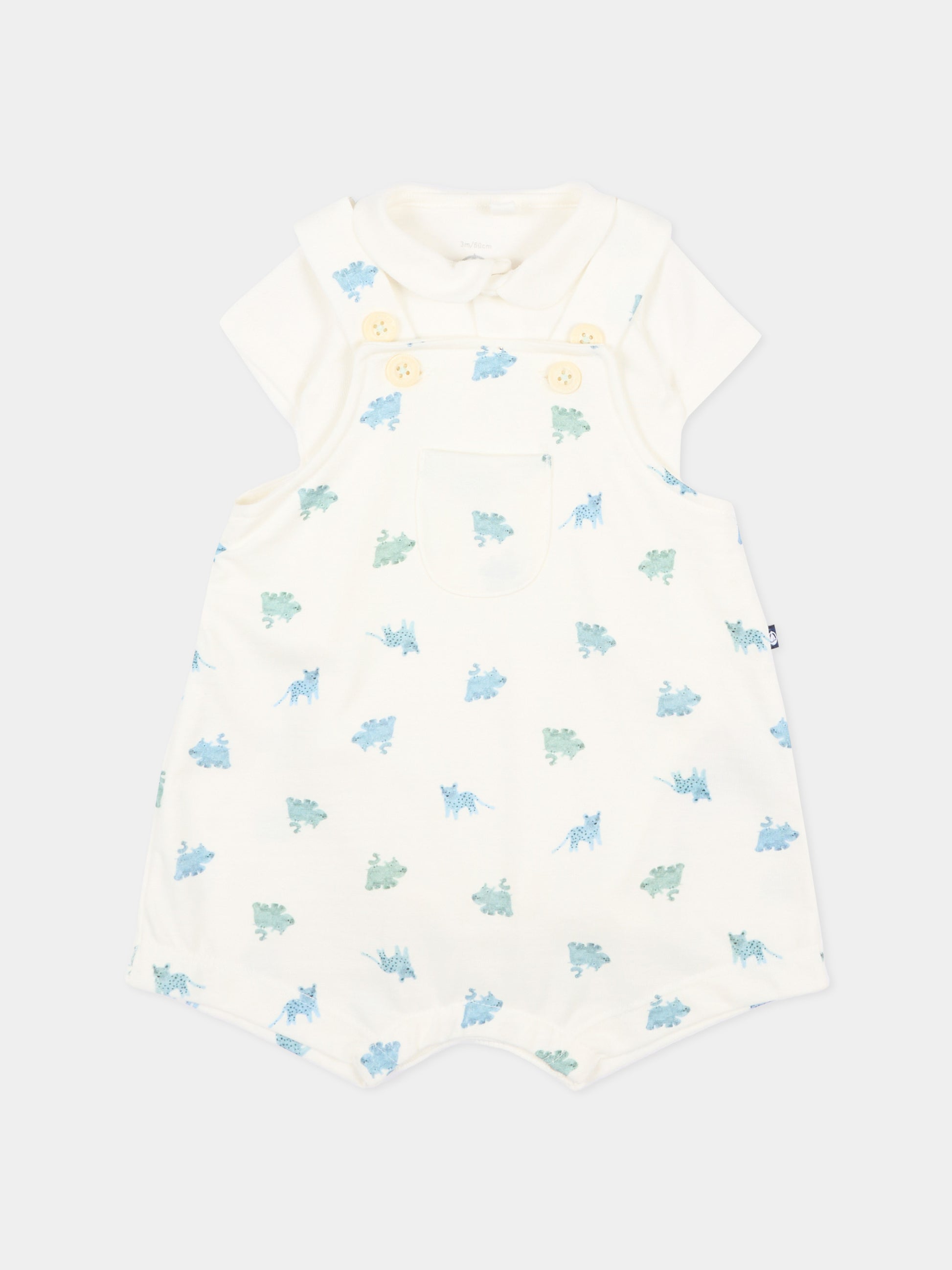 Salopette avorio per neonato con dinosauri,Petit Bateau,A0FMJ MARSHMALLOW/MULTICO 01