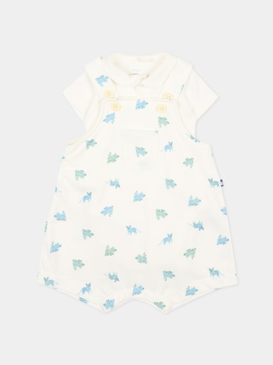 Salopette avorio per neonato con dinosauri,Petit Bateau,A0FMJ MARSHMALLOW/MULTICO 01