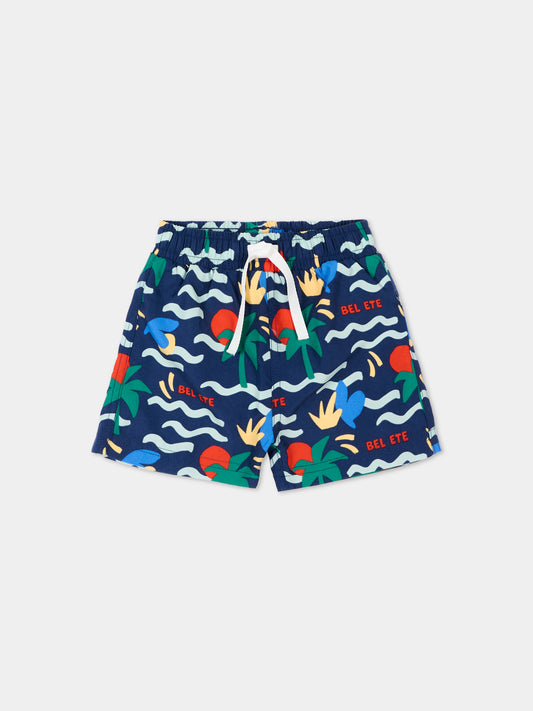 Boxer mare blu per neonato con stampa palme,Petit Bateau,A0FMB CREPUSCULE/MULTICO 01