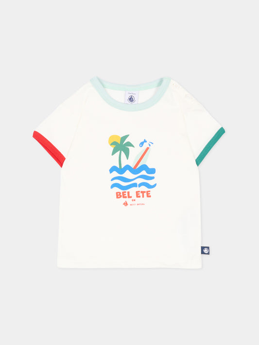 T-Shirt avorio per neonato con stampa mare,Petit Bateau,A0FF1 MARSHMALLOW 01