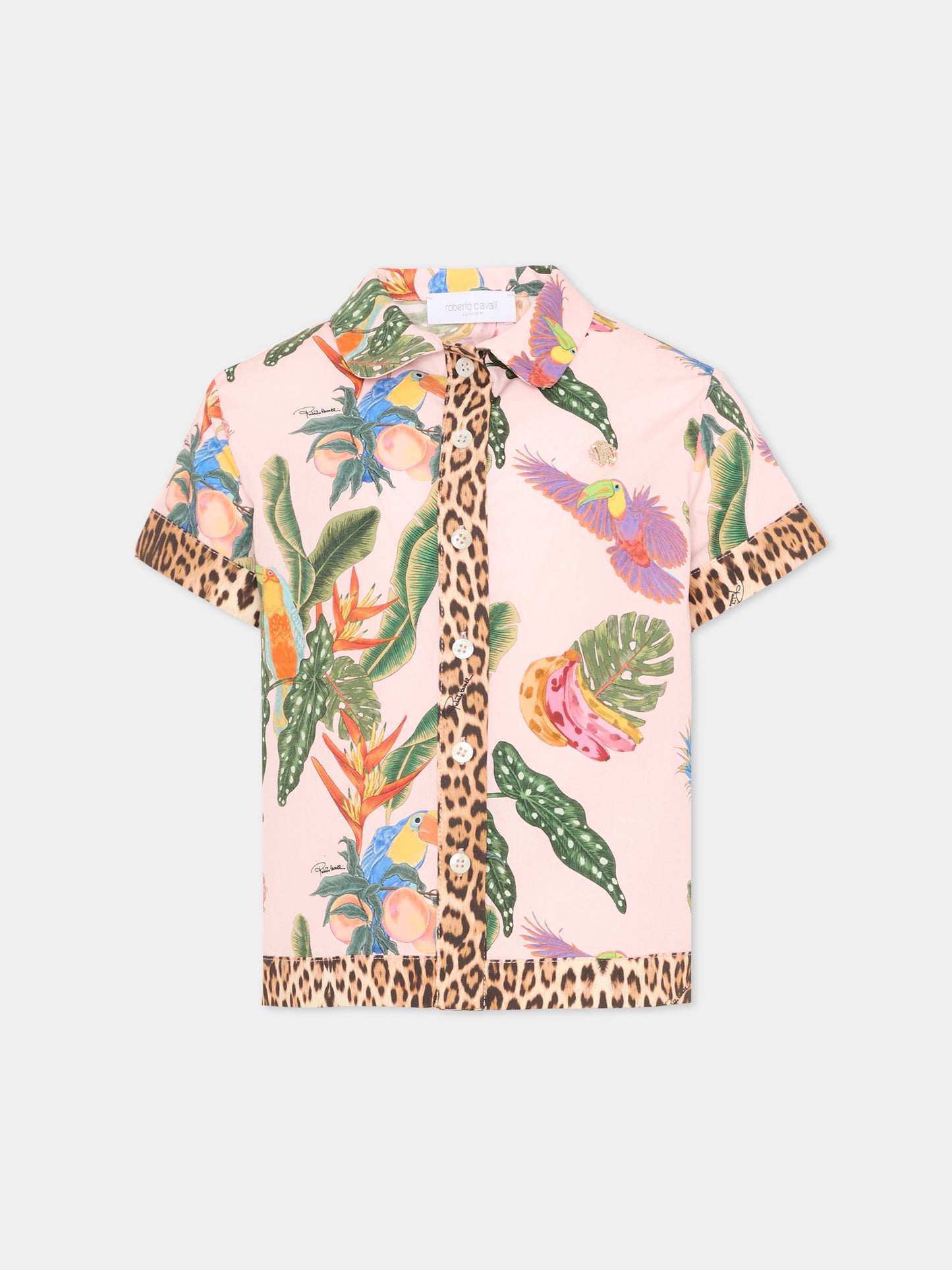 Camicia rosa per bambina con stampa tropicale,Roberto Cavalli Kids,CGP26052CA TROPICANA BABY ROSE