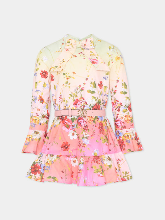 Vestito multicolor per bambina con stampa florale,Roberto Cavalli Kids,CGP26115VE MIAMI FLOWERS