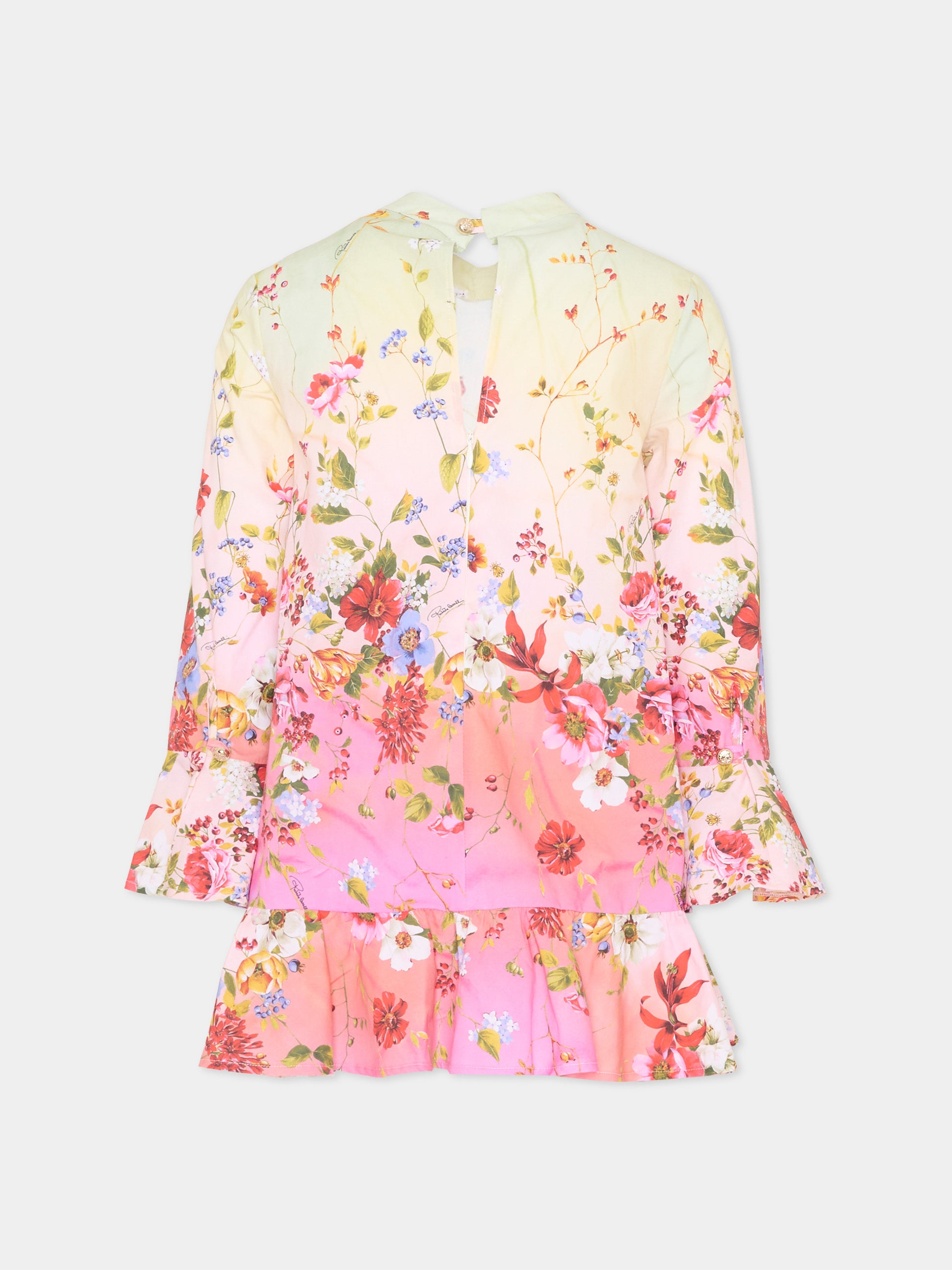 Vestito multicolor per bambina con stampa florale,Roberto Cavalli Kids,CGP26115VE MIAMI FLOWERS