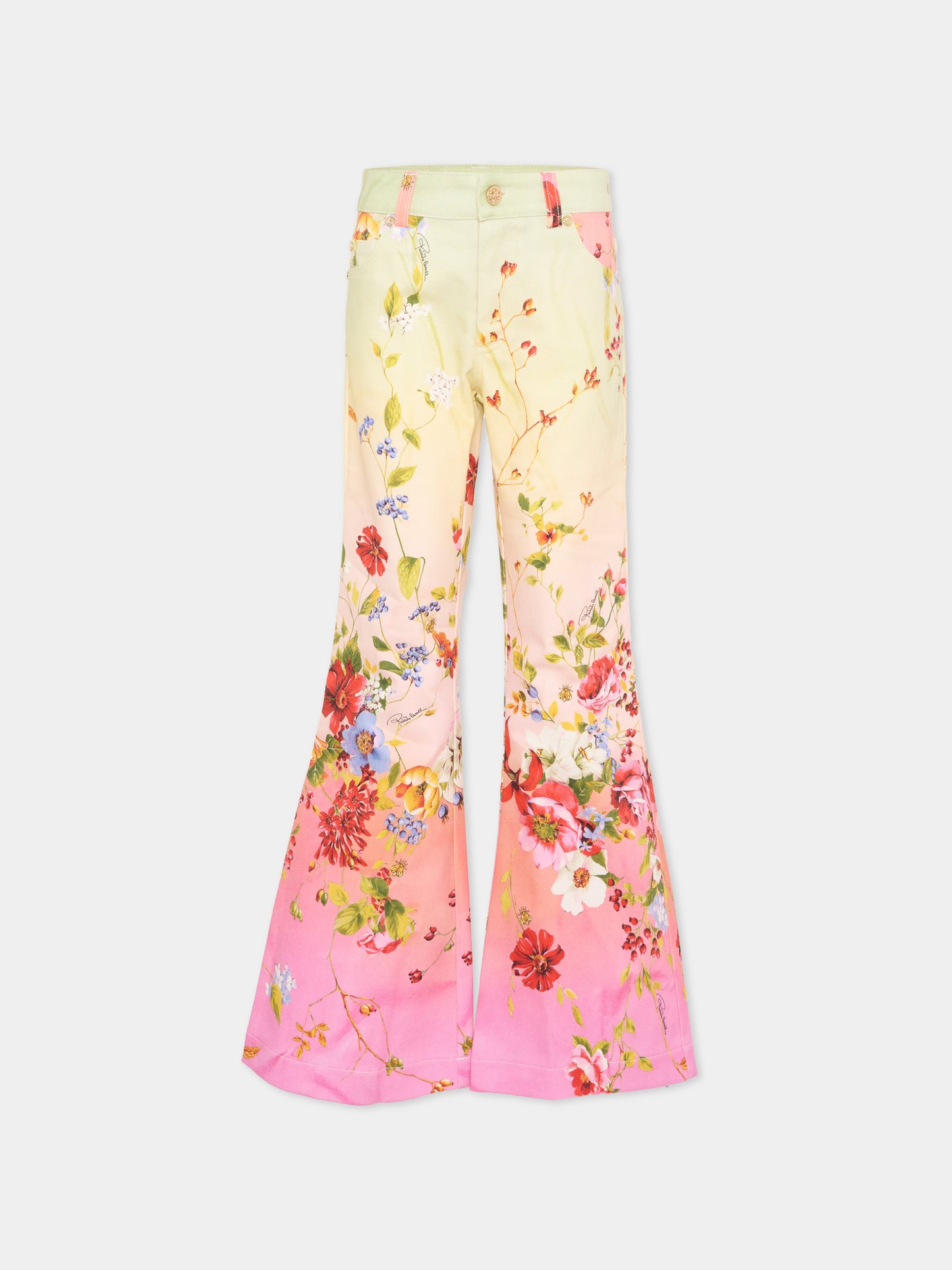 Pantaloni multicolor per bambina con tsmpa floreale,Roberto Cavalli Kids,CGP26117PA MIAMI FLOWERS