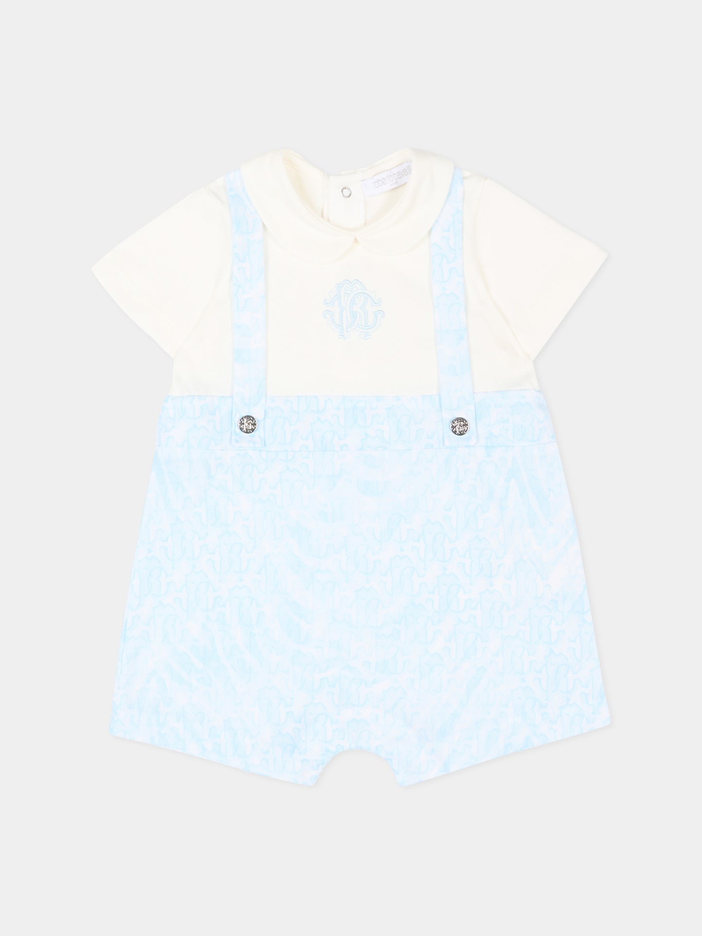 Pagliaccetto celeste per neonato con stampa monogram,Roberto Cavalli Kids,CLP26014TU ZEBRA CELESTE