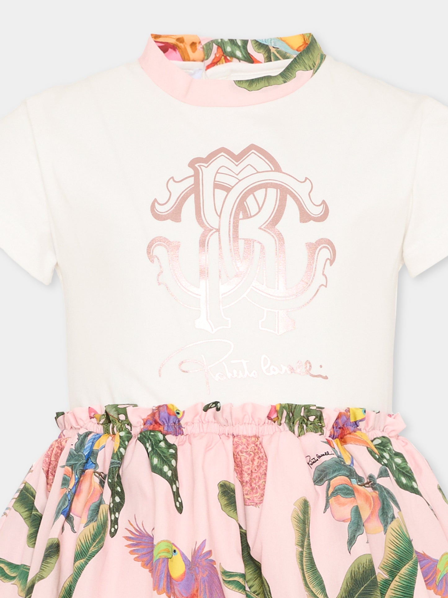 Vestito bianco per bambina con stampa tropicale,Roberto Cavalli Kids,CGP26032VE WHITE