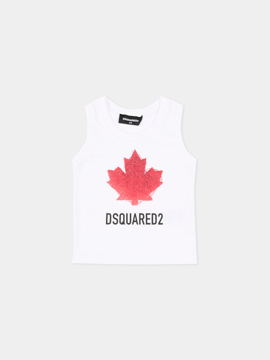 Canotta bianca per neonato con maple leaf e logo,Dsquared2,DQ3314 D00XM DQ100