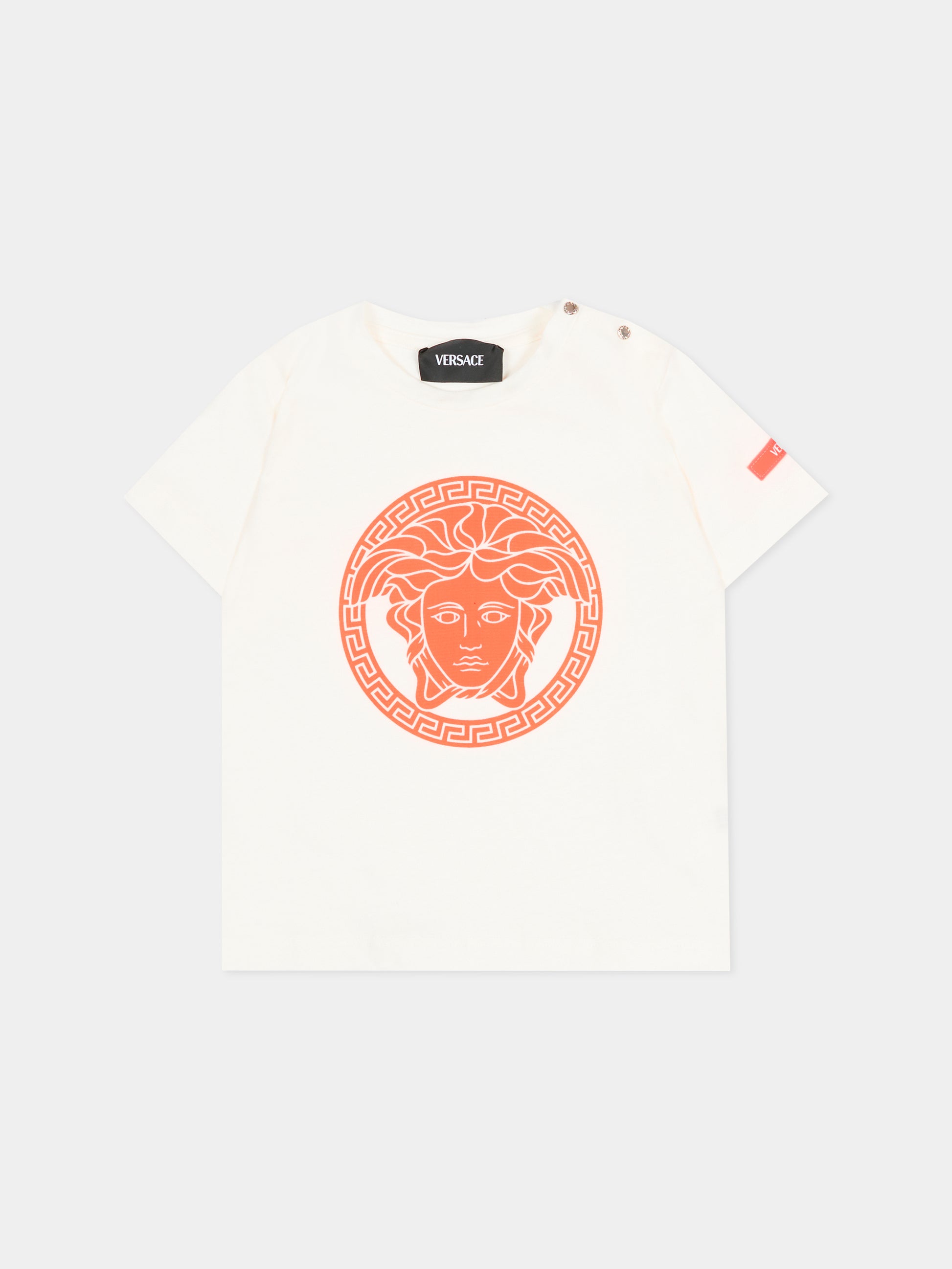 T-shirt avorio per neonati con Medusa arancione fluo,Versace,1018570 1A16957 2W830