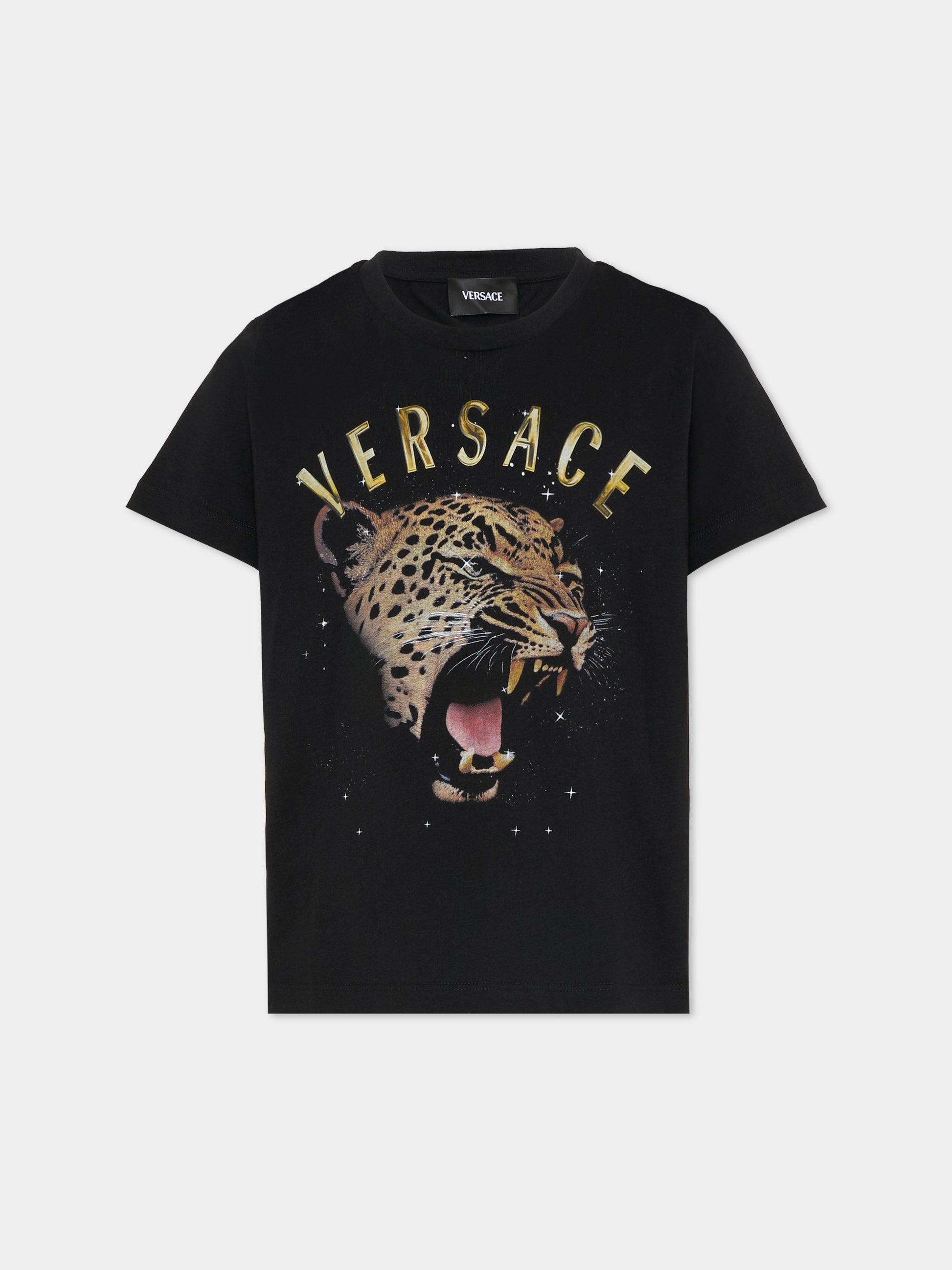 T-shirt nera per bambini con tigre,Versace,1018342 1A16954 2B070