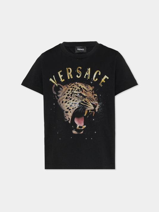 T-shirt nera per bambini con tigre,Versace,1018342 1A16954 2B070