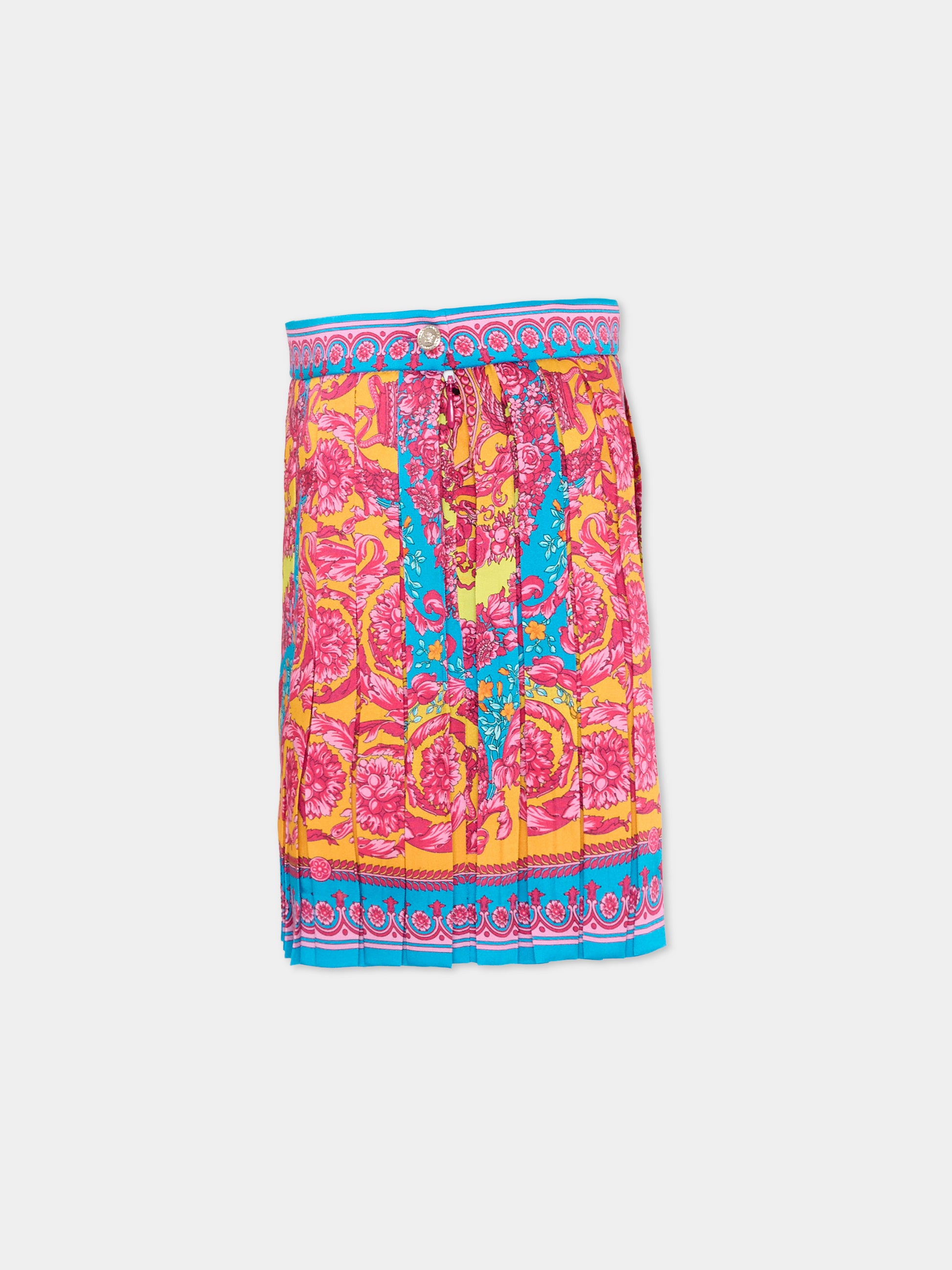 Gonna multicolor per bambina con stampa barocca,Versace,1018129 1A16903 5PF70