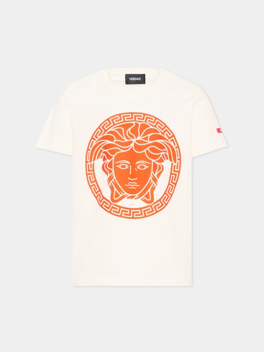 T-Shirt bianca per bambini con Medusa arancione,Versace,1018342 1A16957 2W830