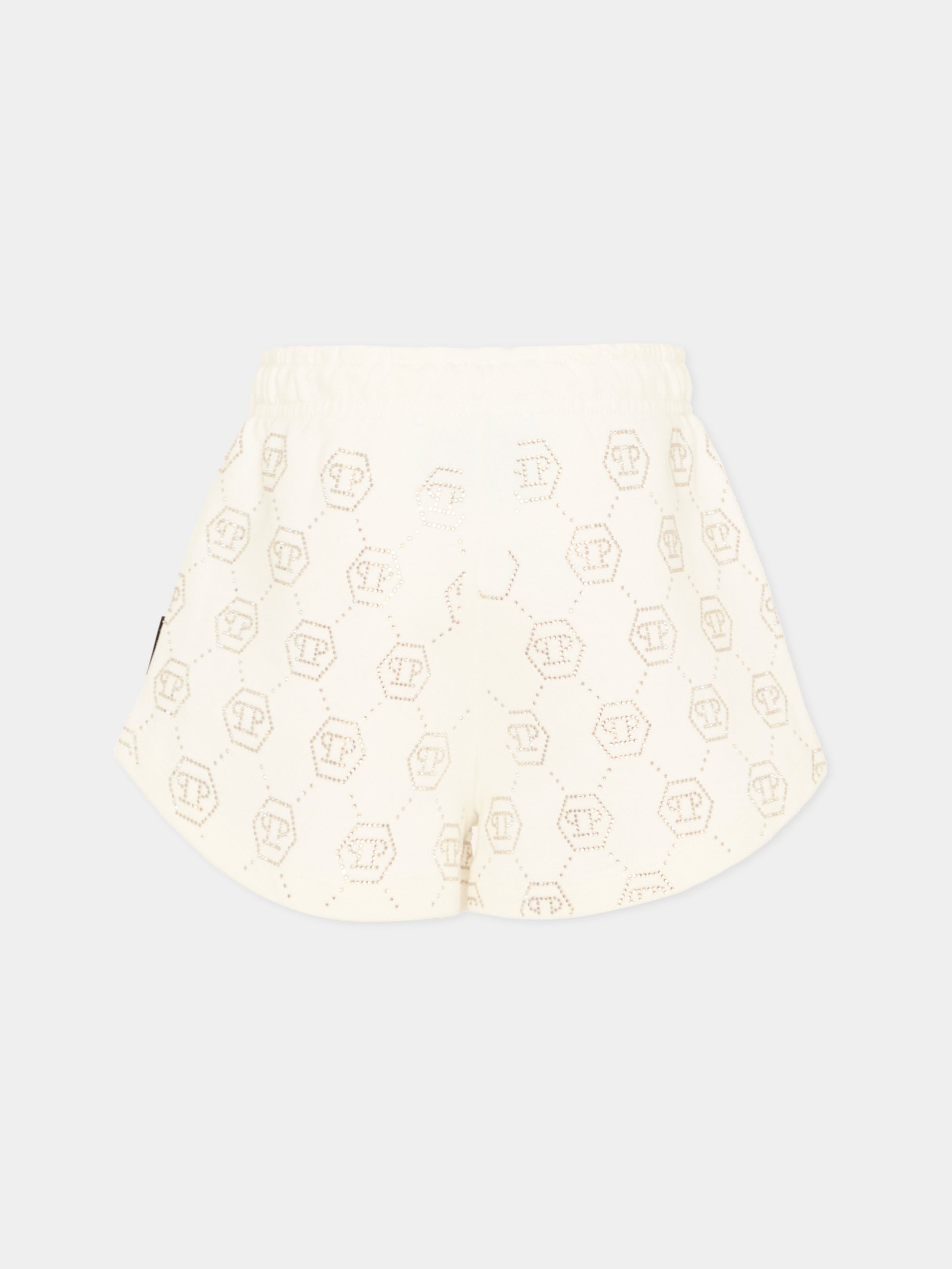 Shorts sportivi bianchi per bambina con strass,Philipp Plein Junior,S6PHJGSH196 002